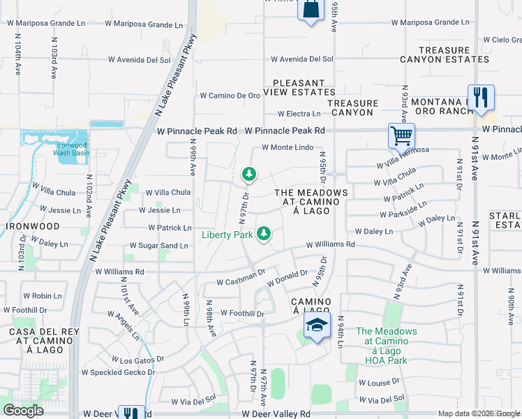 map of restaurants, bars, coffee shops, grocery stores, and more near 9724 West Parkside Lane in Peoria