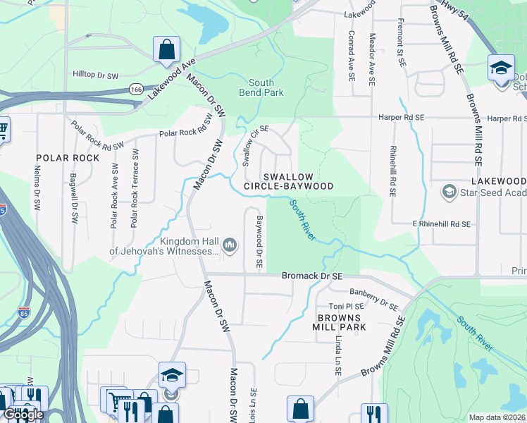 map of restaurants, bars, coffee shops, grocery stores, and more near 2308 Baywood Drive Southeast in Atlanta