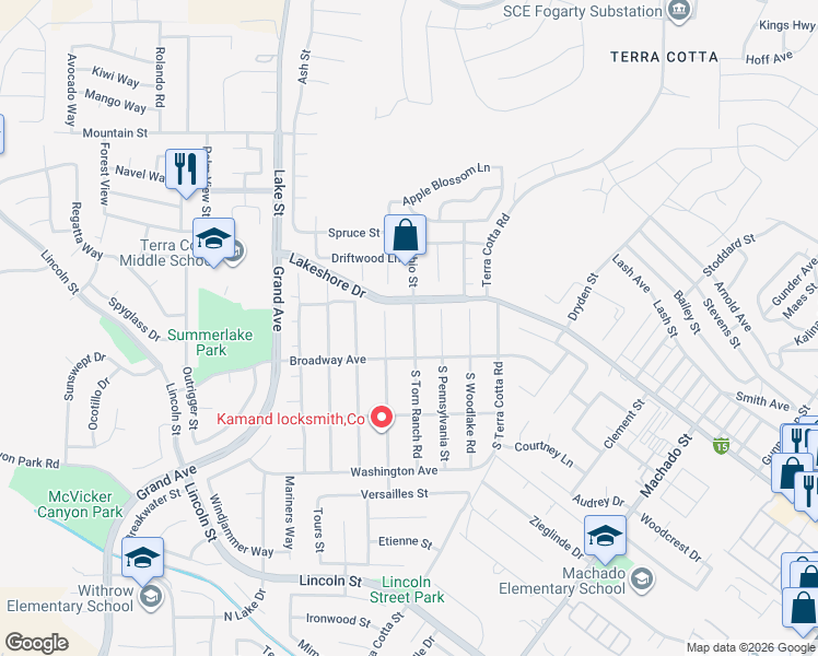 map of restaurants, bars, coffee shops, grocery stores, and more near 159 South Torn Ranch Road in Lake Elsinore