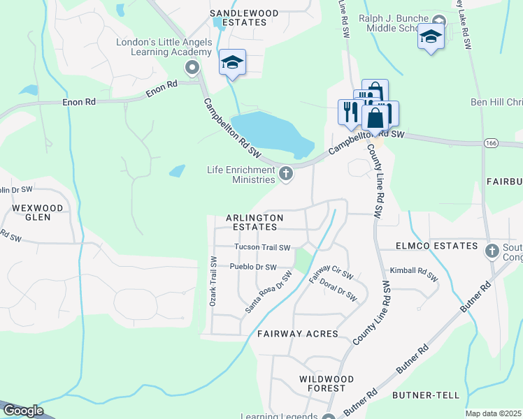 map of restaurants, bars, coffee shops, grocery stores, and more near 4695 Santa Fe Trail Southwest in Atlanta