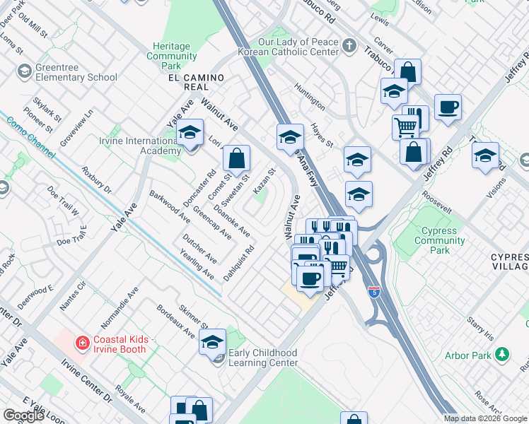 map of restaurants, bars, coffee shops, grocery stores, and more near 87 Elksford Avenue in Irvine