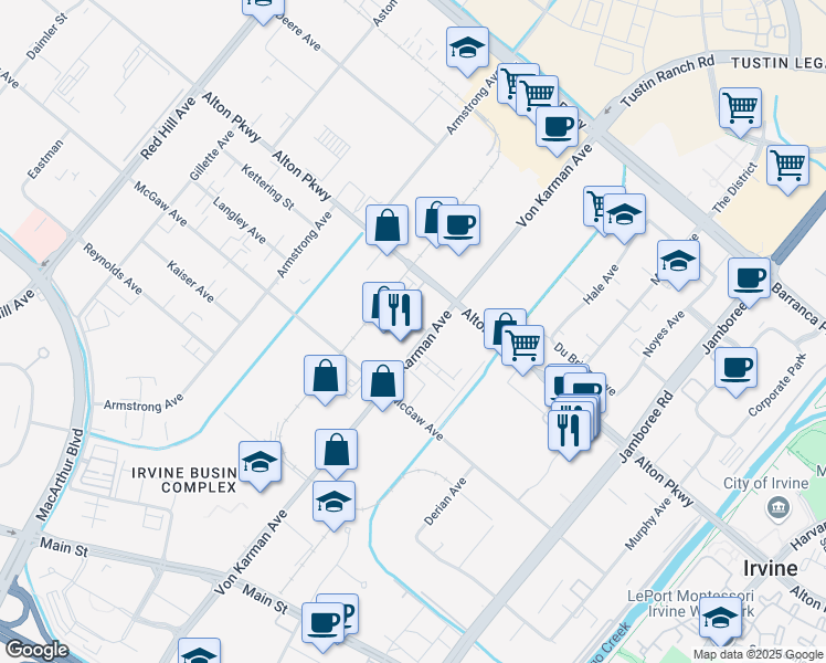 map of restaurants, bars, coffee shops, grocery stores, and more near 2200 Synergy in Irvine