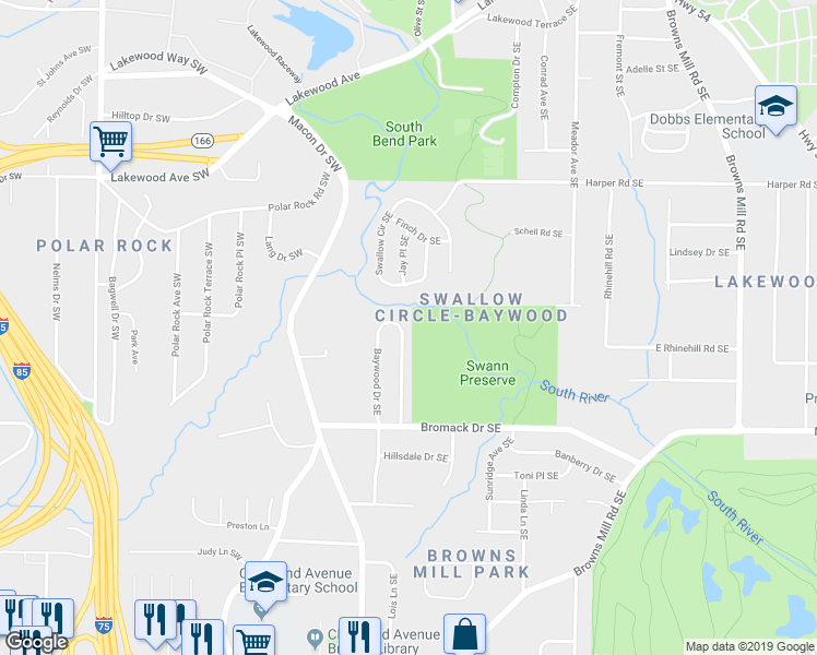 map of restaurants, bars, coffee shops, grocery stores, and more near 2308 Baywood Drive Southeast in Atlanta
