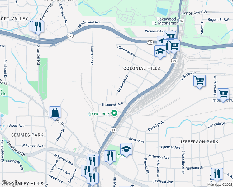 map of restaurants, bars, coffee shops, grocery stores, and more near 2323 Dauphine Street in East Point