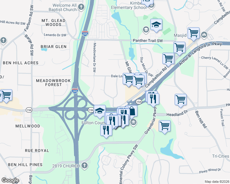 map of restaurants, bars, coffee shops, grocery stores, and more near 2327 Country Club Drive Southwest in Atlanta