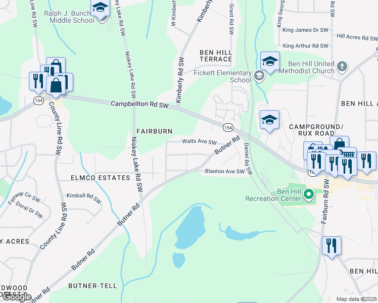 map of restaurants, bars, coffee shops, grocery stores, and more near 4089 Fairburn Avenue Southwest in Atlanta