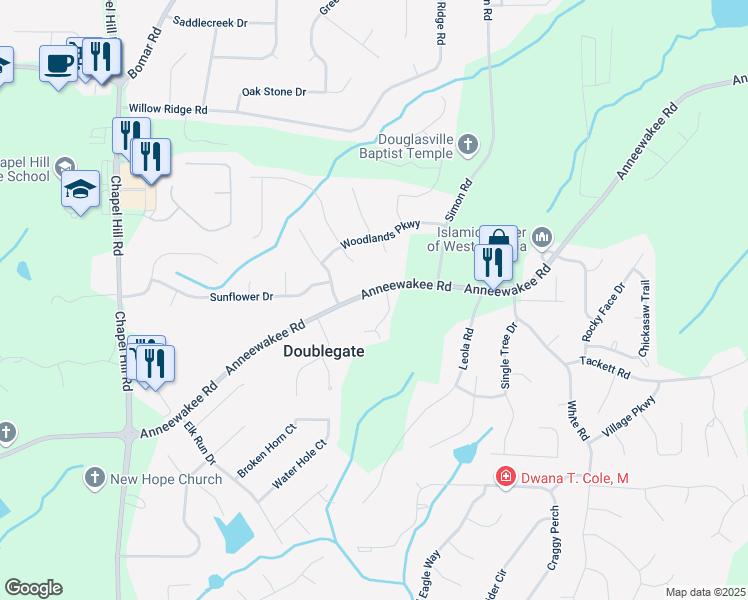 map of restaurants, bars, coffee shops, grocery stores, and more near 4212 Anneewakee Road in Douglasville