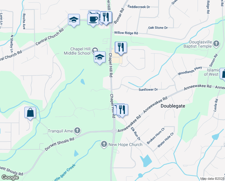 map of restaurants, bars, coffee shops, grocery stores, and more near 4140 Chapel Hill Reserve in Douglasville