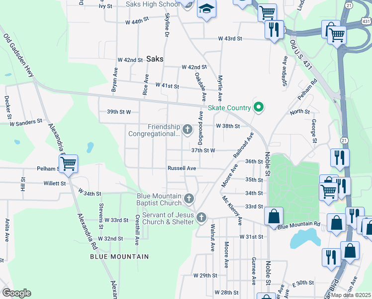 map of restaurants, bars, coffee shops, grocery stores, and more near 324 Magnolia Avenue in Anniston