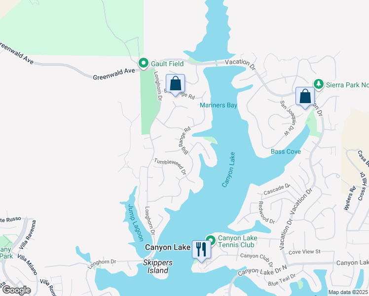 map of restaurants, bars, coffee shops, grocery stores, and more near 29590 Big Range Road in Canyon Lake