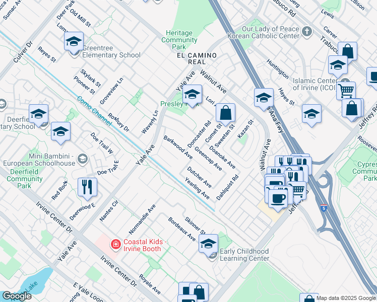 map of restaurants, bars, coffee shops, grocery stores, and more near 4931 Barkwood Avenue in Irvine