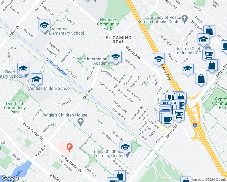 map of restaurants, bars, coffee shops, grocery stores, and more near 4931 Barkwood Avenue in Irvine