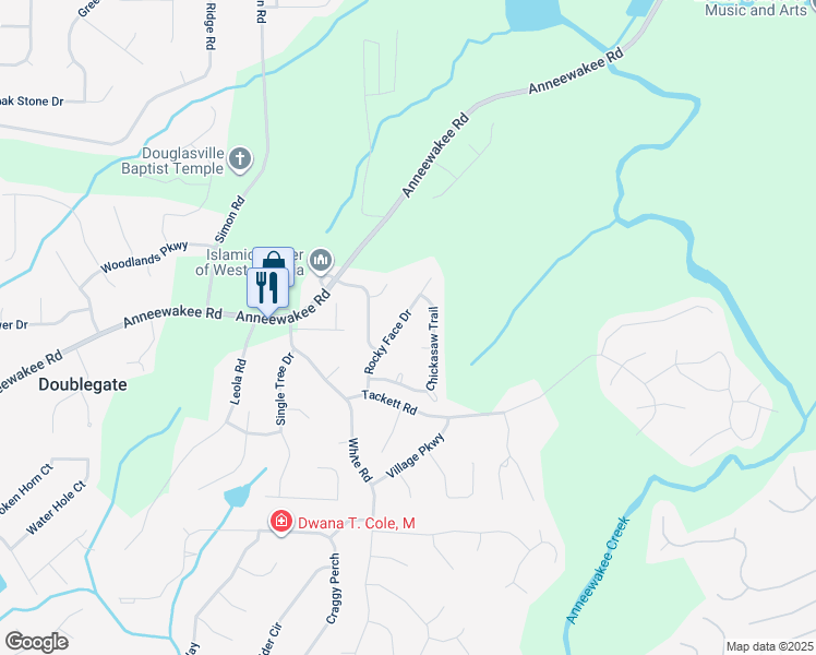 map of restaurants, bars, coffee shops, grocery stores, and more near 4180 Fox Court in Douglasville