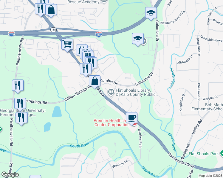 map of restaurants, bars, coffee shops, grocery stores, and more near 4022 Flat Shoals Parkway in Decatur