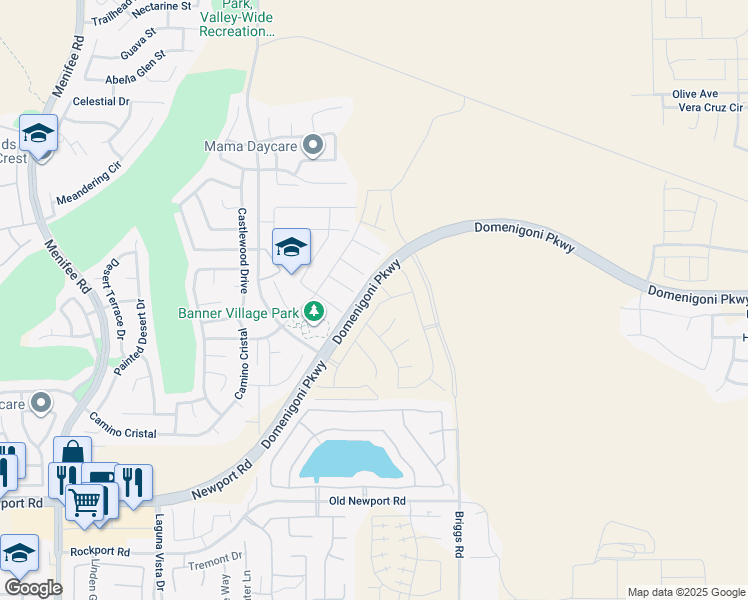 map of restaurants, bars, coffee shops, grocery stores, and more near 29820 Cliff Park Drive in Menifee