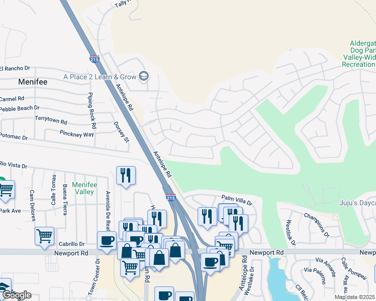 map of restaurants, bars, coffee shops, grocery stores, and more near 27935 Whisperwood Drive in Menifee