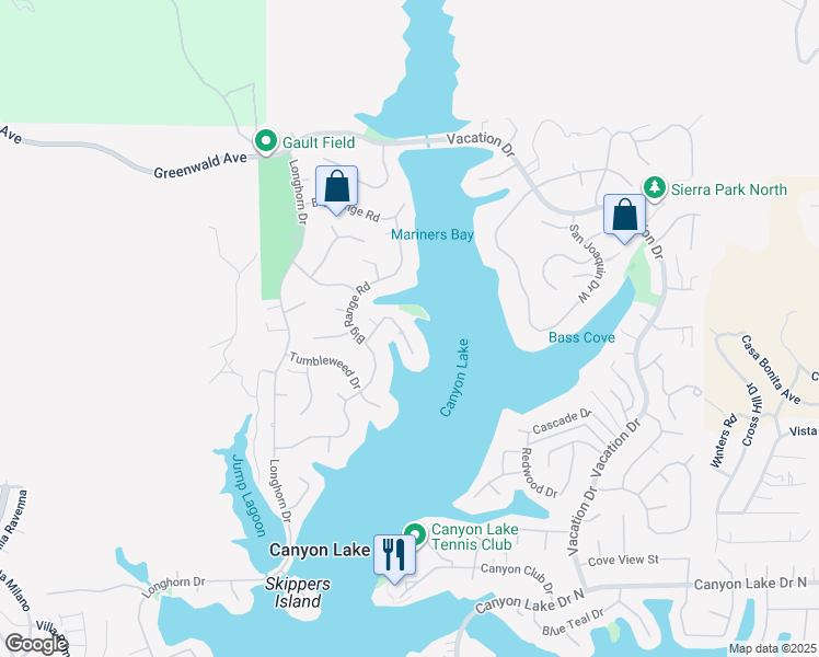map of restaurants, bars, coffee shops, grocery stores, and more near 22400 Whirlaway Court in Canyon Lake