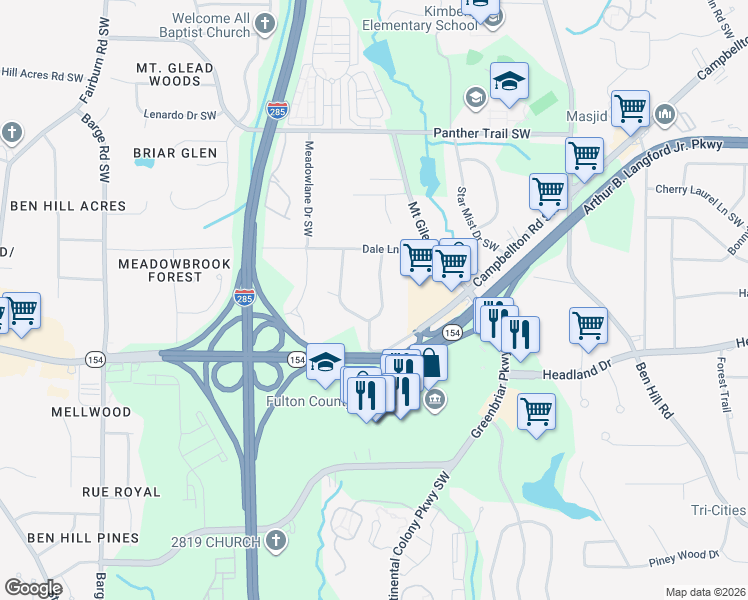 map of restaurants, bars, coffee shops, grocery stores, and more near 2327 Country Club Drive Southwest in Atlanta