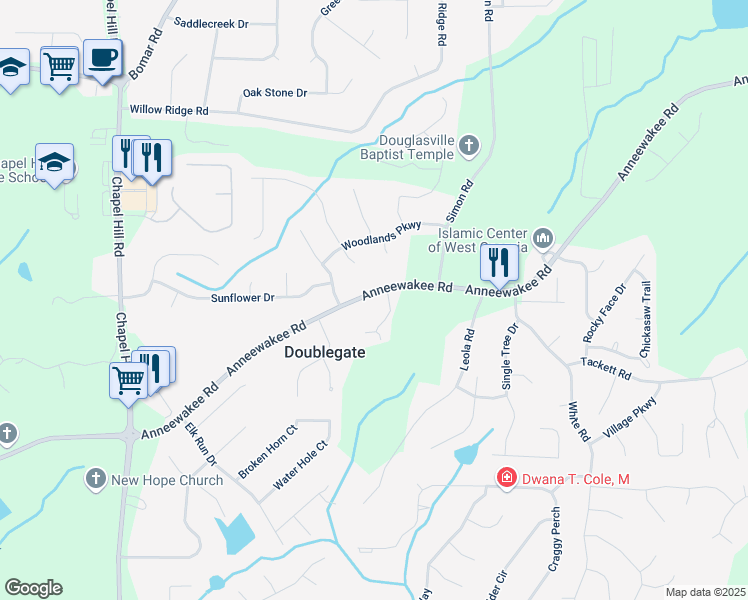 map of restaurants, bars, coffee shops, grocery stores, and more near 4212 Anneewakee Road in Douglasville