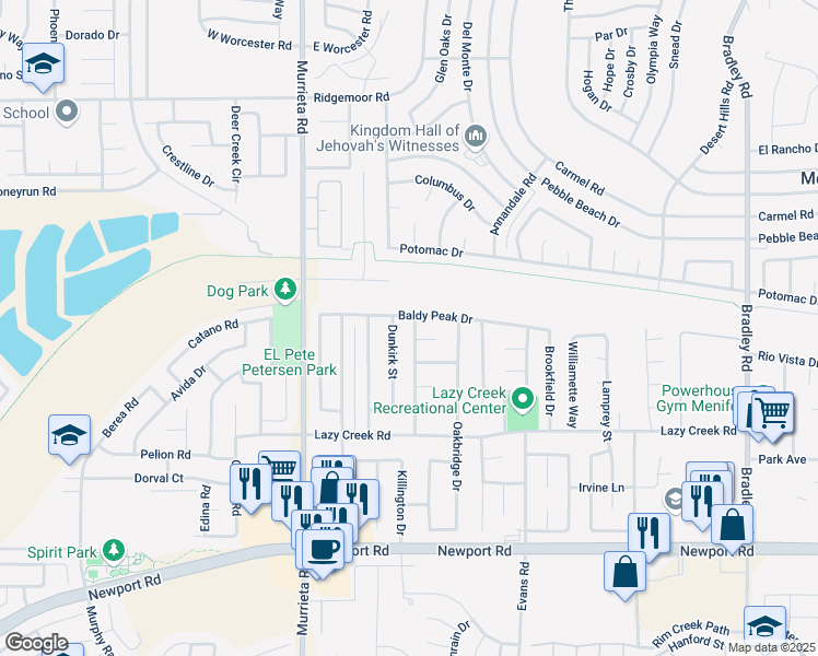 map of restaurants, bars, coffee shops, grocery stores, and more near 29499 Greenhill Drive in Menifee