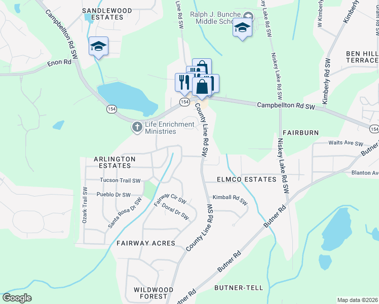 map of restaurants, bars, coffee shops, grocery stores, and more near 4533 Santa Fe Trail Southwest in Atlanta