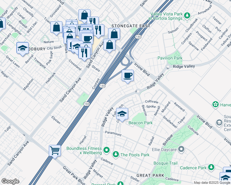 map of restaurants, bars, coffee shops, grocery stores, and more near 319 Novel in Irvine
