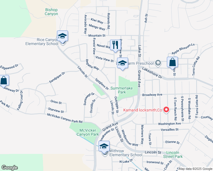 map of restaurants, bars, coffee shops, grocery stores, and more near 15321 Spyglass Drive in Lake Elsinore
