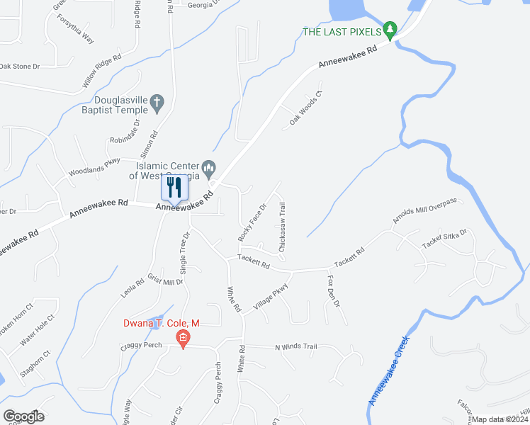 map of restaurants, bars, coffee shops, grocery stores, and more near 4155 Rocky Face Drive in Douglasville