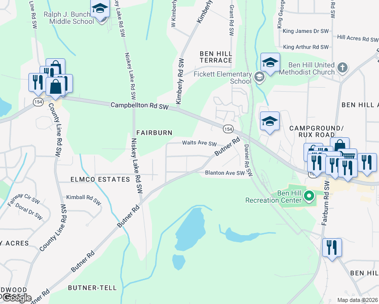 map of restaurants, bars, coffee shops, grocery stores, and more near 4089 Fairburn Avenue Southwest in Atlanta