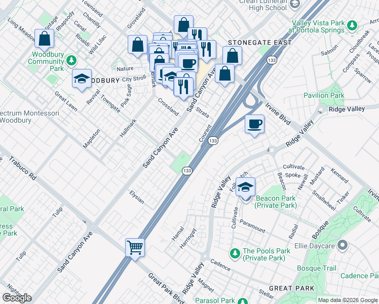 map of restaurants, bars, coffee shops, grocery stores, and more near 16 Serenity in Irvine