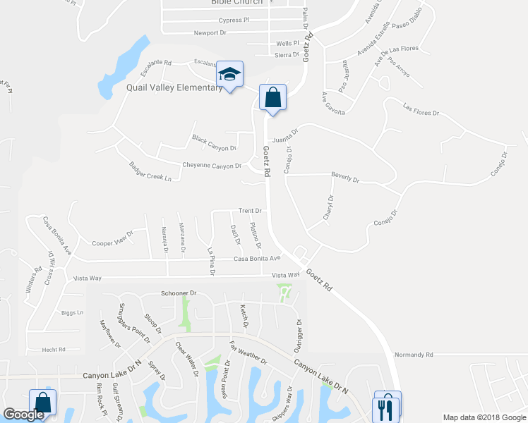 map of restaurants, bars, coffee shops, grocery stores, and more near 29515 Goetz Road in Canyon Lake