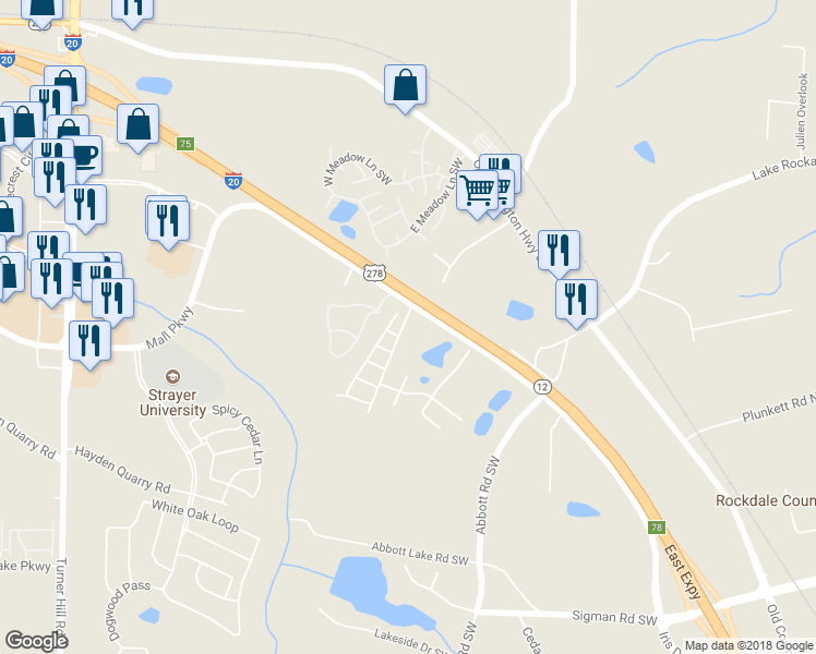 map of restaurants, bars, coffee shops, grocery stores, and more near 3114 Haynes Park Street in Lithonia