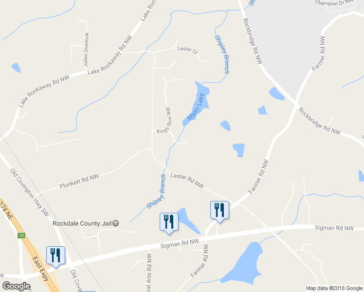 map of restaurants, bars, coffee shops, grocery stores, and more near 1812 Kings Row Northwest in Conyers