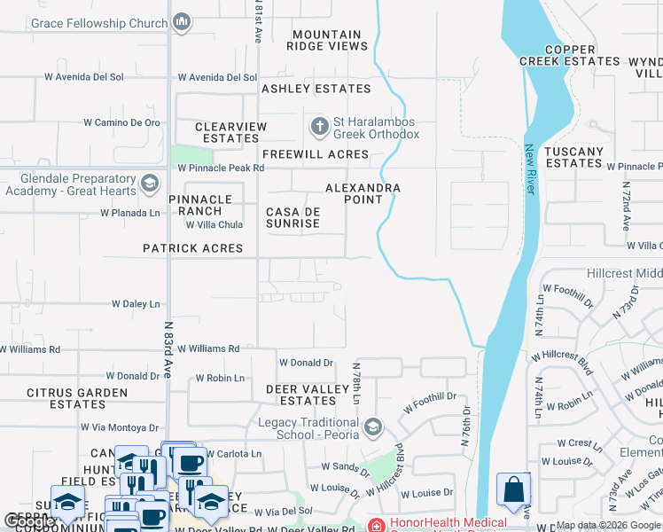 map of restaurants, bars, coffee shops, grocery stores, and more near 7921 West Patrick Lane in Peoria