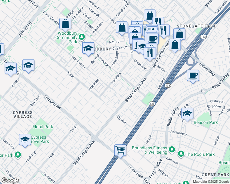 map of restaurants, bars, coffee shops, grocery stores, and more near 15304 Payton in Irvine