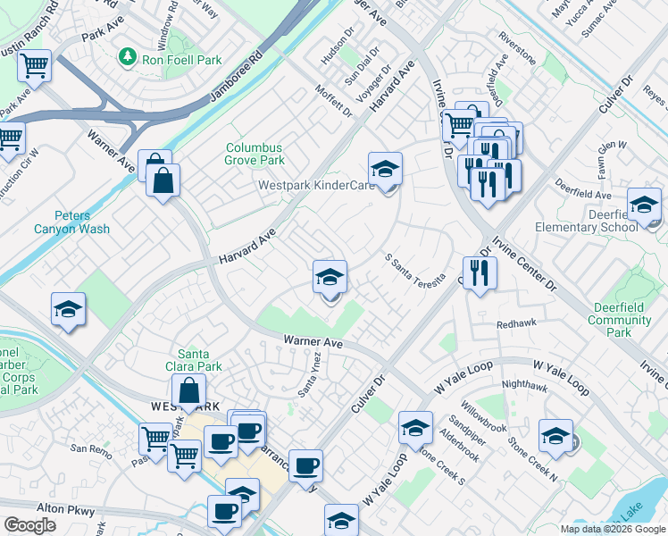 map of restaurants, bars, coffee shops, grocery stores, and more near 2 Altezza in Irvine