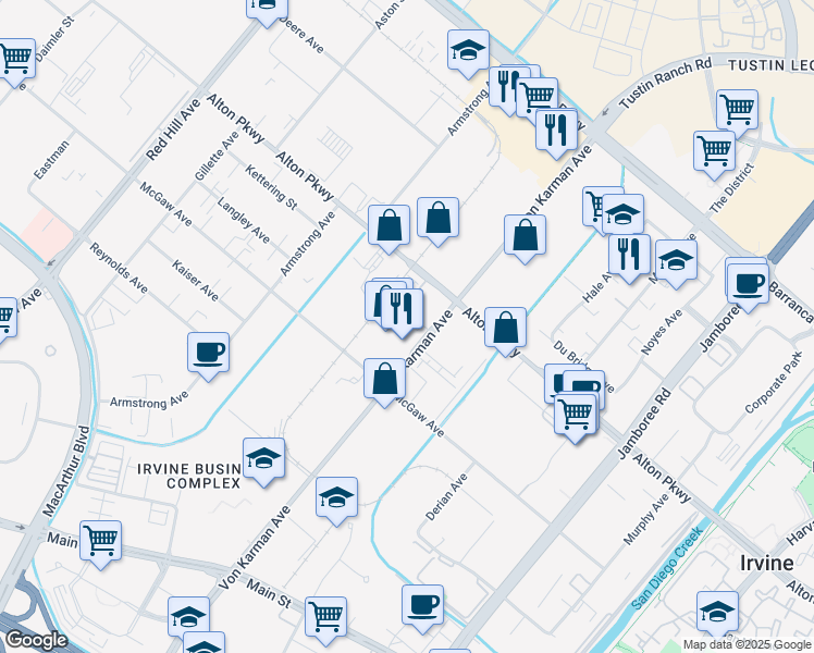 map of restaurants, bars, coffee shops, grocery stores, and more near 156 Unity Street in Irvine