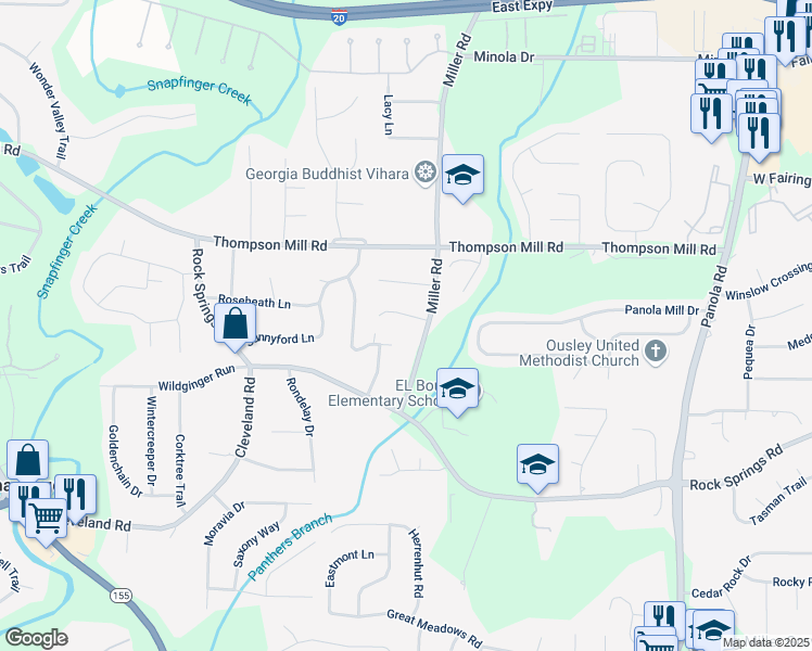 map of restaurants, bars, coffee shops, grocery stores, and more near 4983 Needle Knob Court in Stonecrest