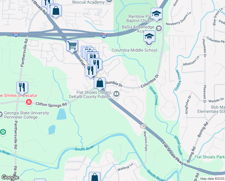 map of restaurants, bars, coffee shops, grocery stores, and more near 3184 Nectarine Circle in Decatur