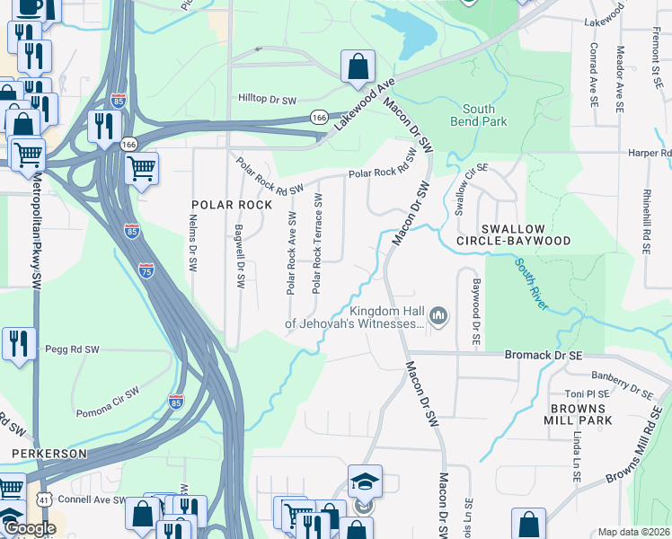 map of restaurants, bars, coffee shops, grocery stores, and more near 2252 Polar Rock Terrace Southwest in Atlanta