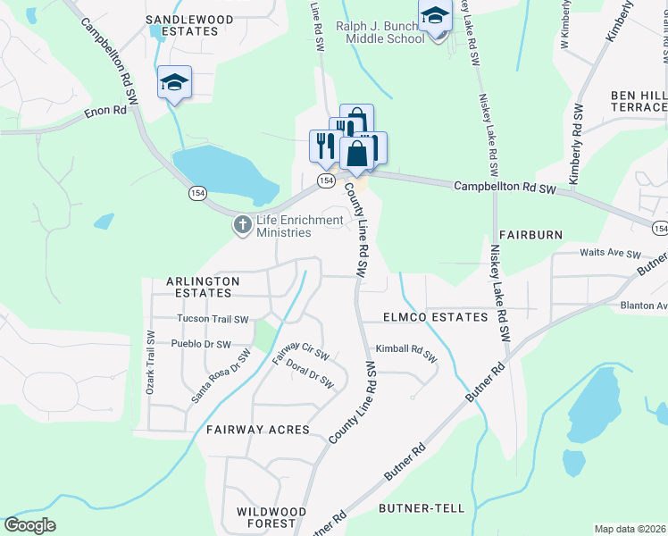 map of restaurants, bars, coffee shops, grocery stores, and more near 4533 Santa Fe Trail Southwest in Atlanta