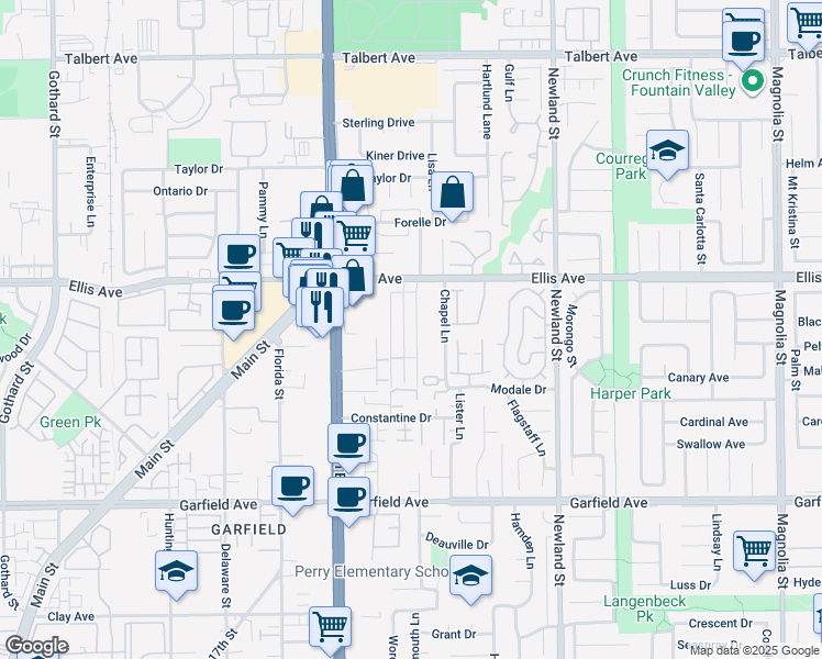 map of restaurants, bars, coffee shops, grocery stores, and more near 18612 Demion Lane in Huntington Beach