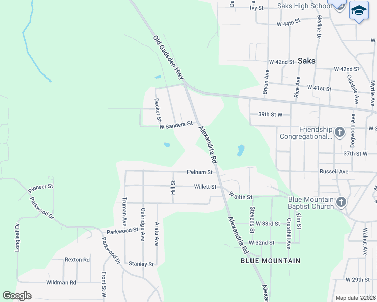 map of restaurants, bars, coffee shops, grocery stores, and more near 3520 Alexandria Road in Anniston