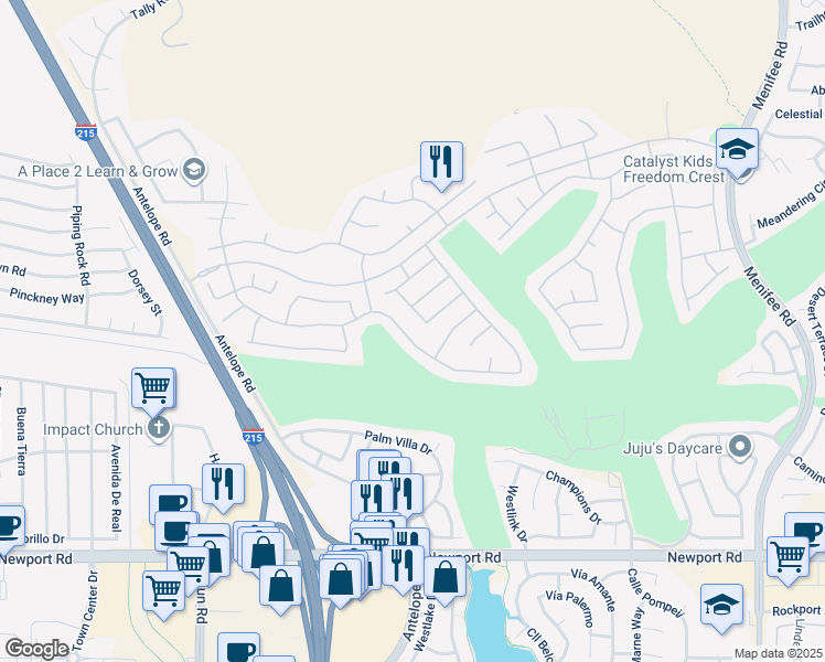 map of restaurants, bars, coffee shops, grocery stores, and more near 28196 Long Meadow Drive in Menifee