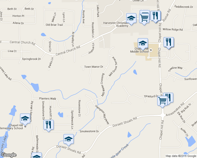 map of restaurants, bars, coffee shops, grocery stores, and more near 4514 Mill Water Crossing in Douglasville