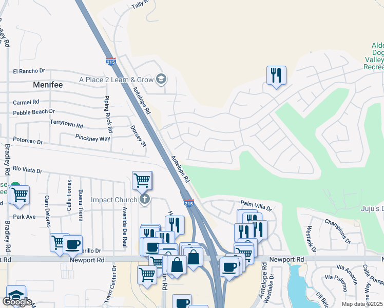 map of restaurants, bars, coffee shops, grocery stores, and more near 29492 Emberwood Way in Menifee