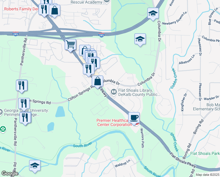 map of restaurants, bars, coffee shops, grocery stores, and more near 3184 Nectarine Circle in Decatur