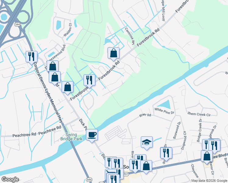 map of restaurants, bars, coffee shops, grocery stores, and more near 3670 Earls Road in Myrtle Beach