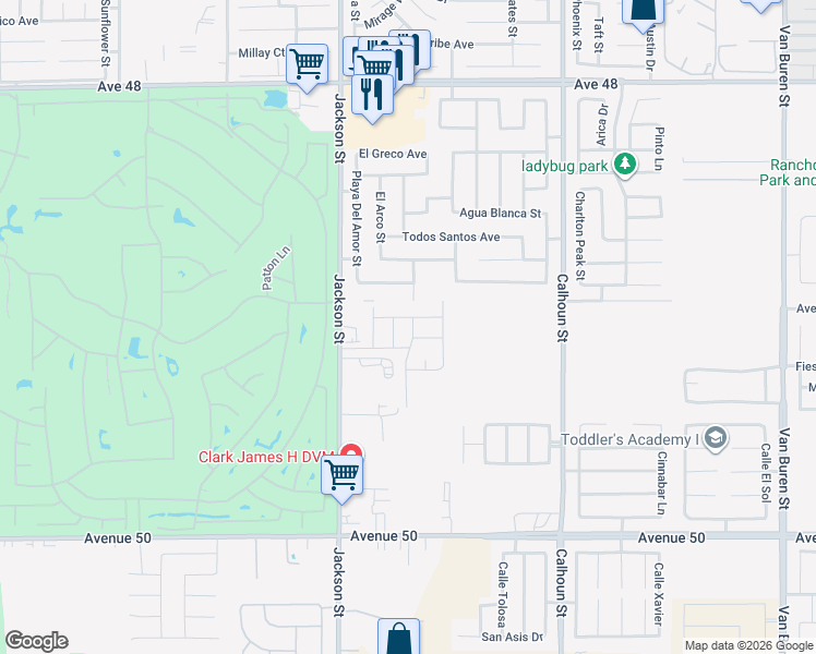 map of restaurants, bars, coffee shops, grocery stores, and more near 49121 Meadowlark Place in Indio