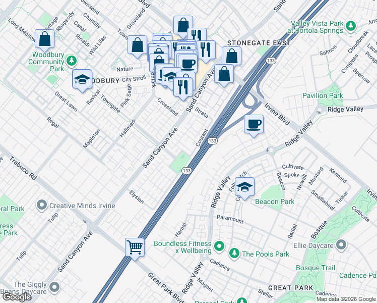 map of restaurants, bars, coffee shops, grocery stores, and more near 42 Bijou in Irvine